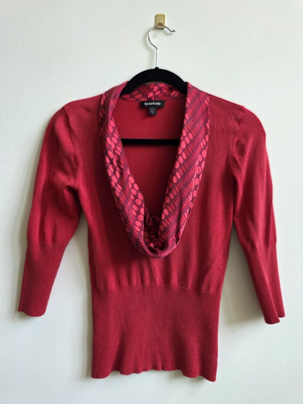 Y2K Bebe Red Knit Top, Patterned Cowl Neckline & 3/4 Sleeves, Size Small